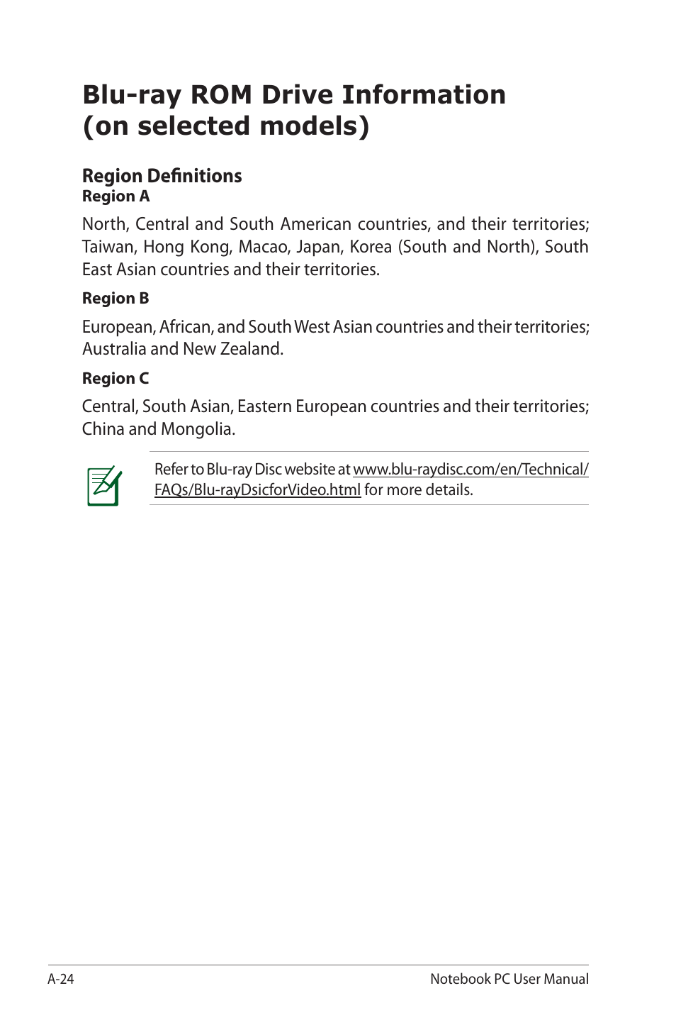 Blu-ray rom drive information(on selected models), Blu-ray rom drive information (on selected models) | Asus E7169 User Manual | Page 96 / 122