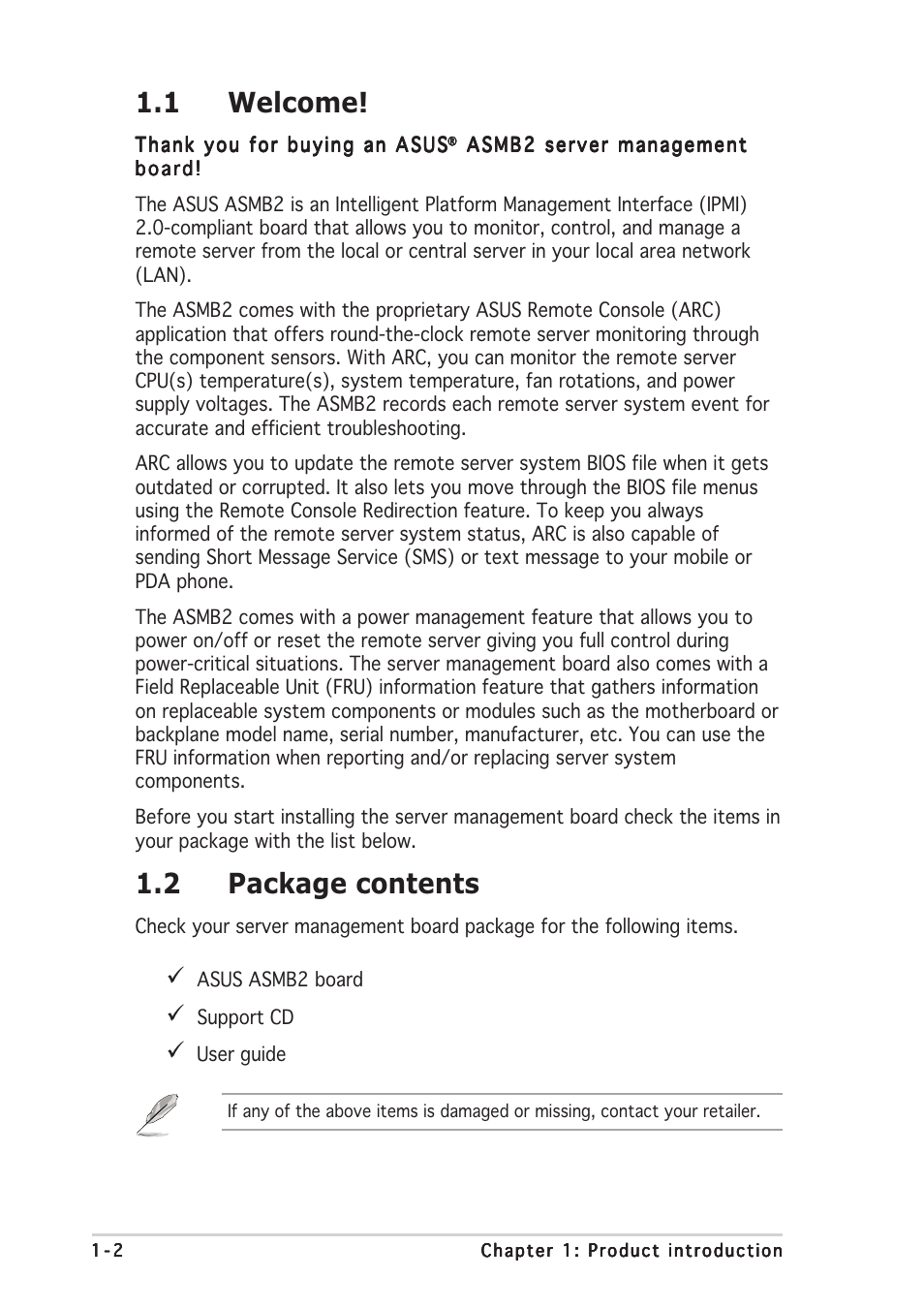 1 welcome, 2 package contents | Asus ASMB2 User Manual | Page 12 / 62