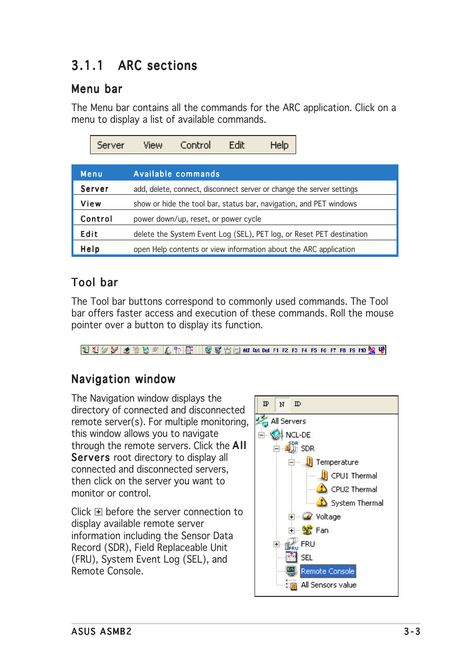 Menu bar, Tool bar, Navigation window | Asus ASMB2 User Manual | Page 33 / 62