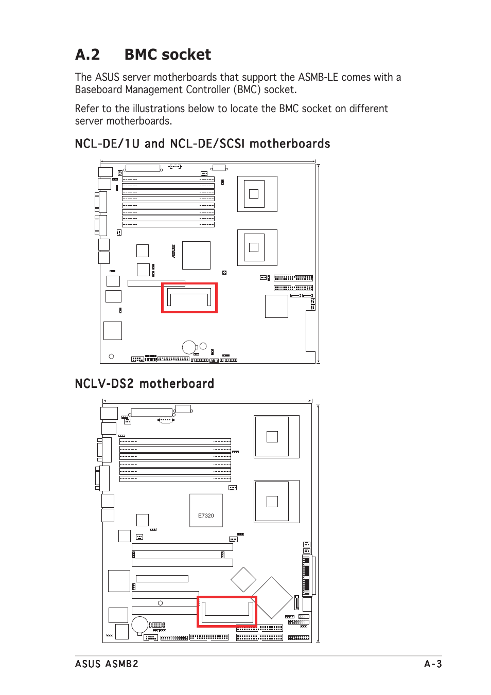 A.2 bmc socket, Ncl-de/1u and ncl-de/scsi motherboards, Mpga 604 | Intel | Asus ASMB2 User Manual | Page 59 / 62