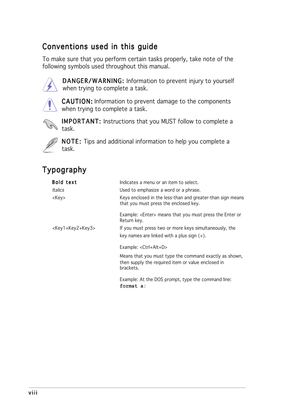 Typography, Conventions used in this guide | Asus ASMB2 User Manual | Page 8 / 62