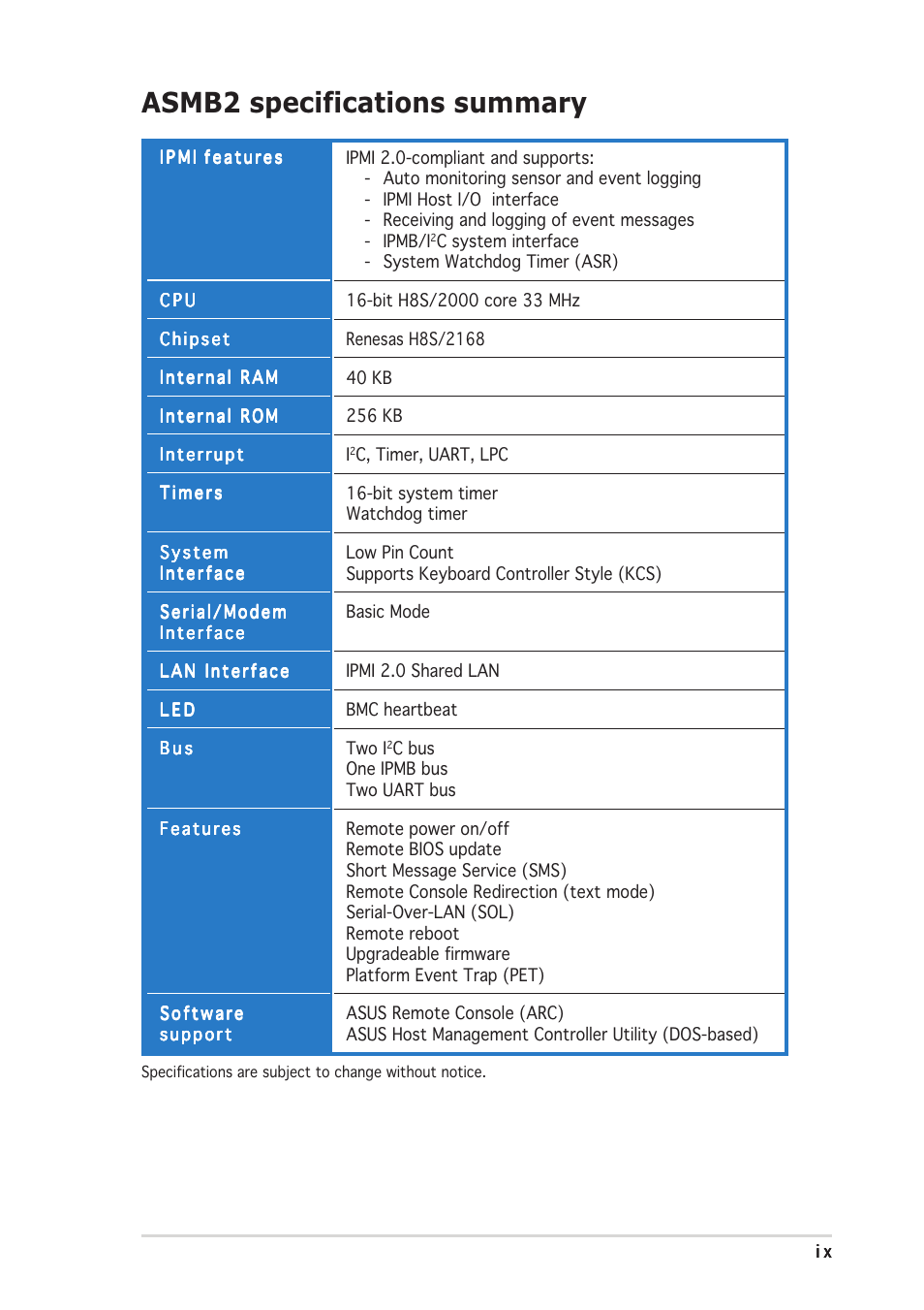 Asmb2 specifications summary | Asus ASMB2 User Manual | Page 9 / 62