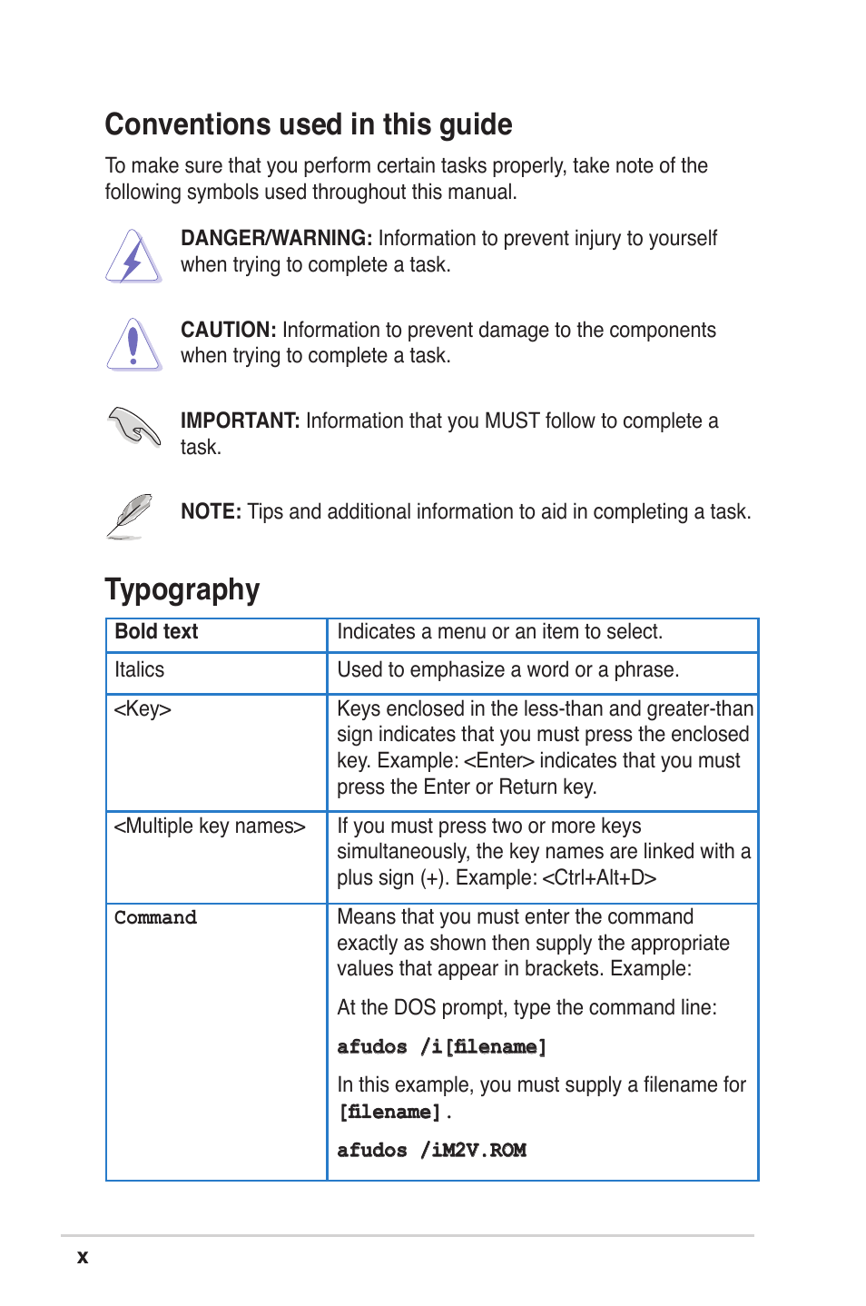Conventions used in this guide, Typography | Asus M2V User Manual | Page 10 / 117