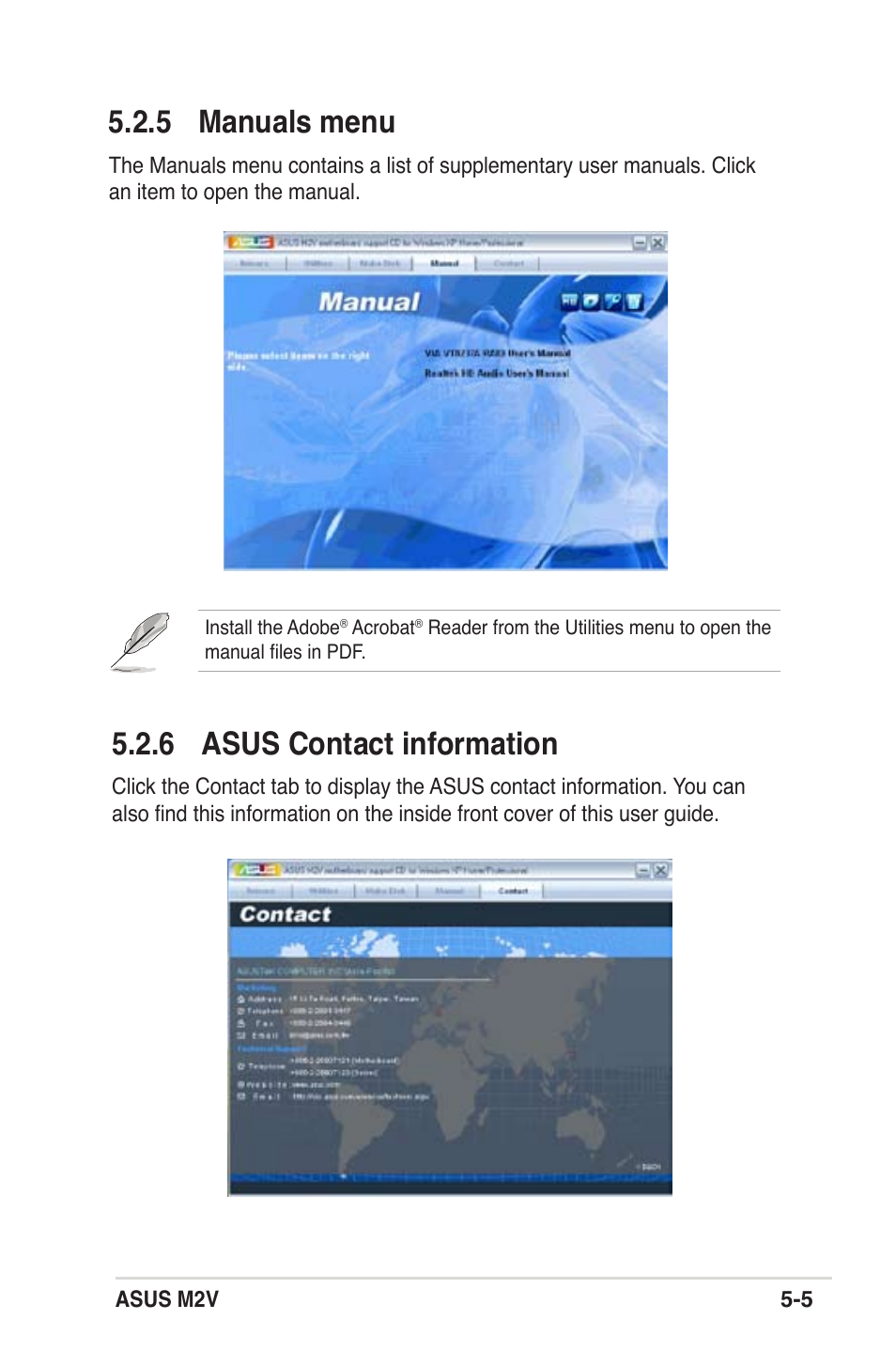 5 manuals menu, 6 asus contact information | Asus M2V User Manual | Page 100 / 117