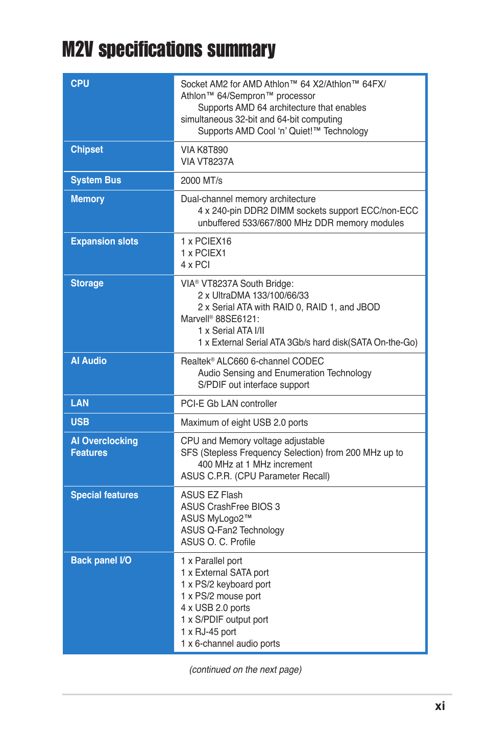 M2v specifications summary | Asus M2V User Manual | Page 11 / 117