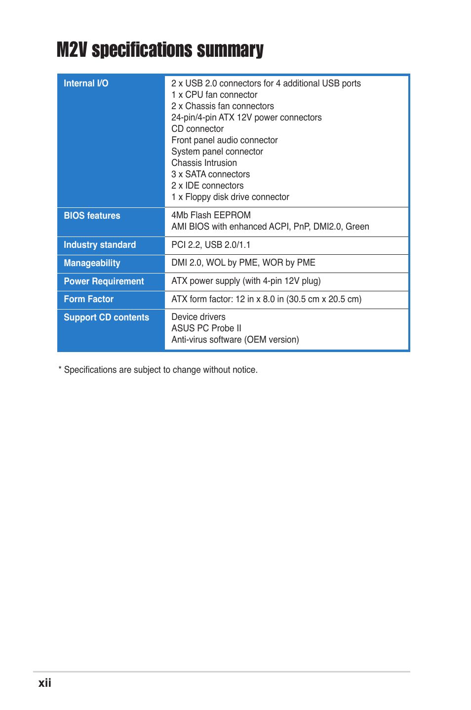 M2v specifications summary | Asus M2V User Manual | Page 12 / 117