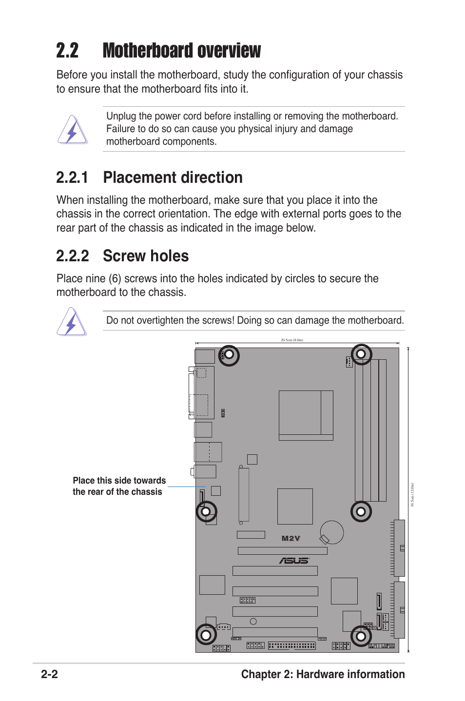 2 motherboard overview, 1 placement direction, 2 screw holes | Asus M2V User Manual | Page 23 / 117