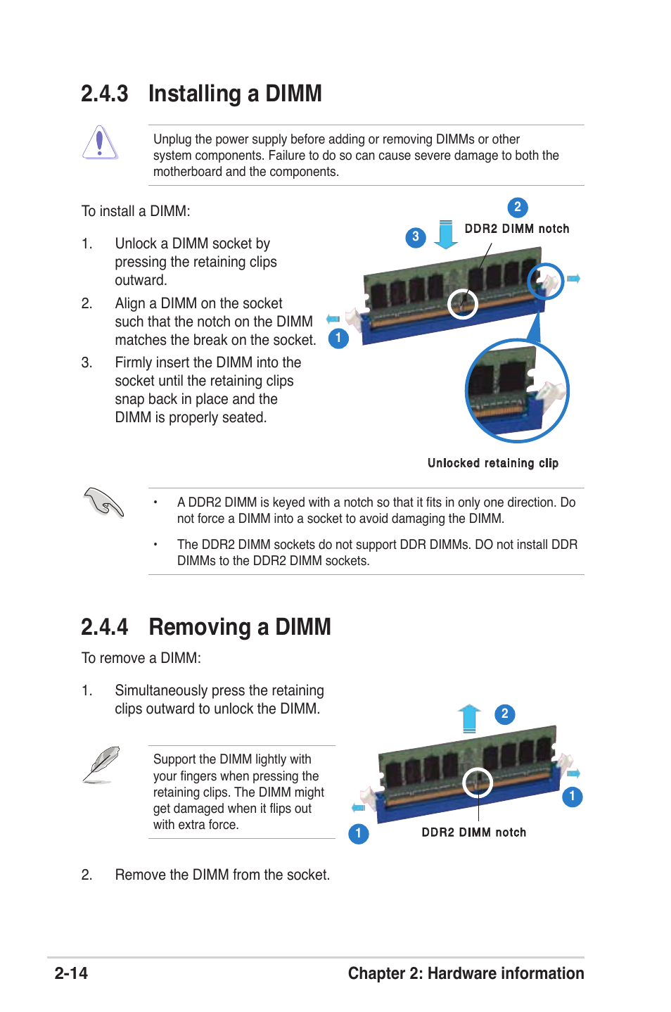 3 installing a dimm, 4 removing a dimm, 14 chapter 2: hardware information | Asus M2V User Manual | Page 35 / 117