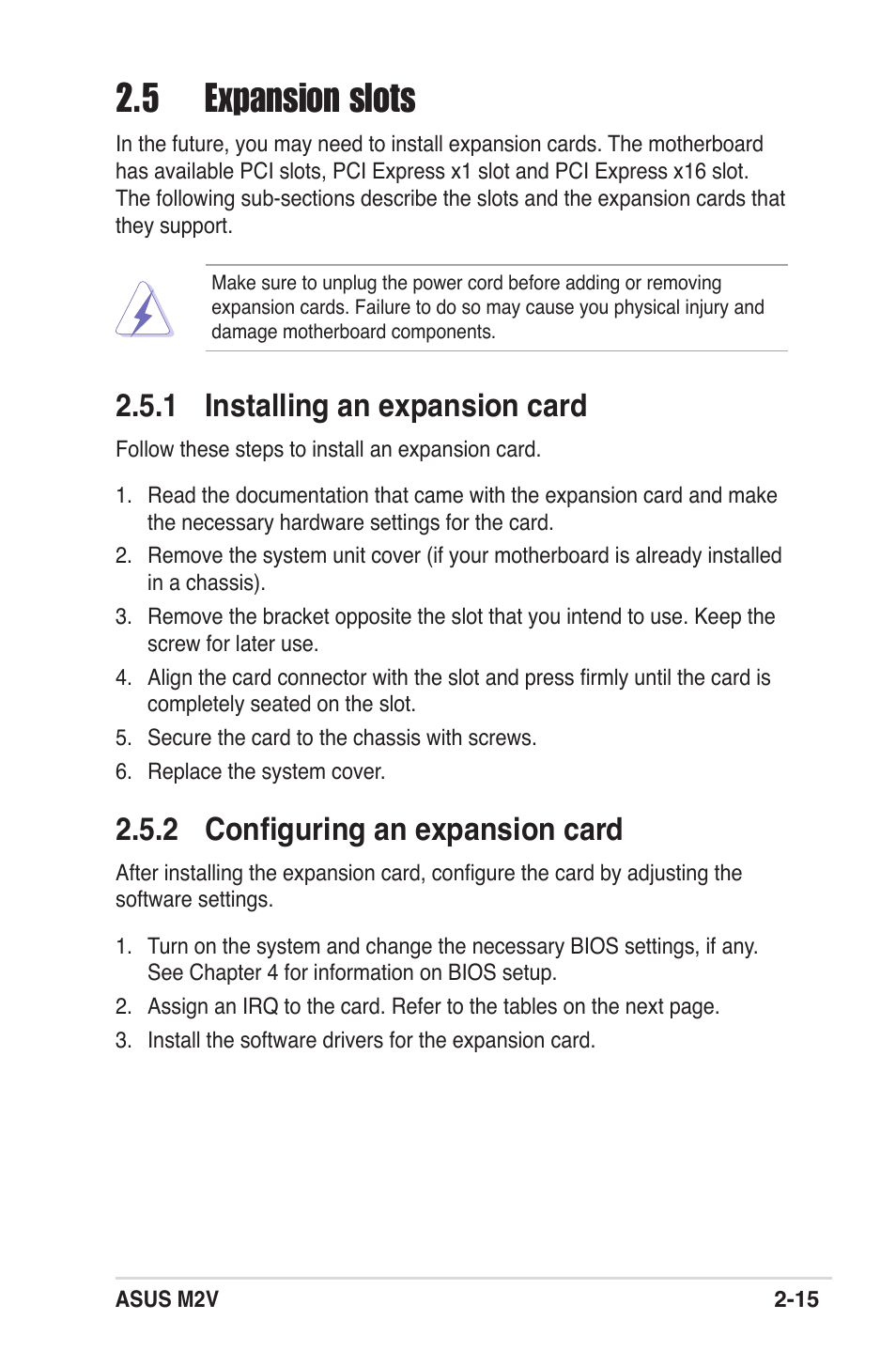 5 expansion slots, 1 installing an expansion card, 2 configuring an expansion card | Asus M2V User Manual | Page 36 / 117