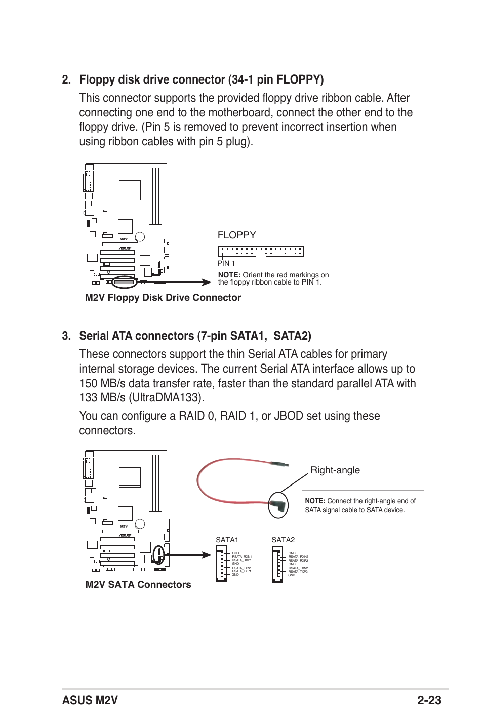 M2v floppy disk drive connector, Floppy, M2v sata connectors | Right-angle | Asus M2V User Manual | Page 44 / 117