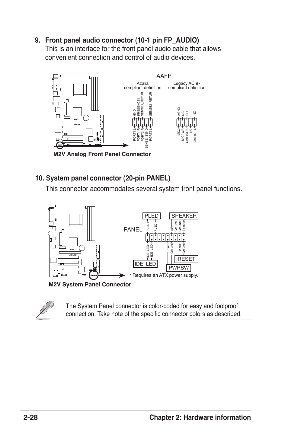 M2v analog front panel connector aafp, M2v system panel connector, Panel | Pled, Reset, Speaker, Ide_led, Pwrsw | Asus M2V User Manual | Page 49 / 117