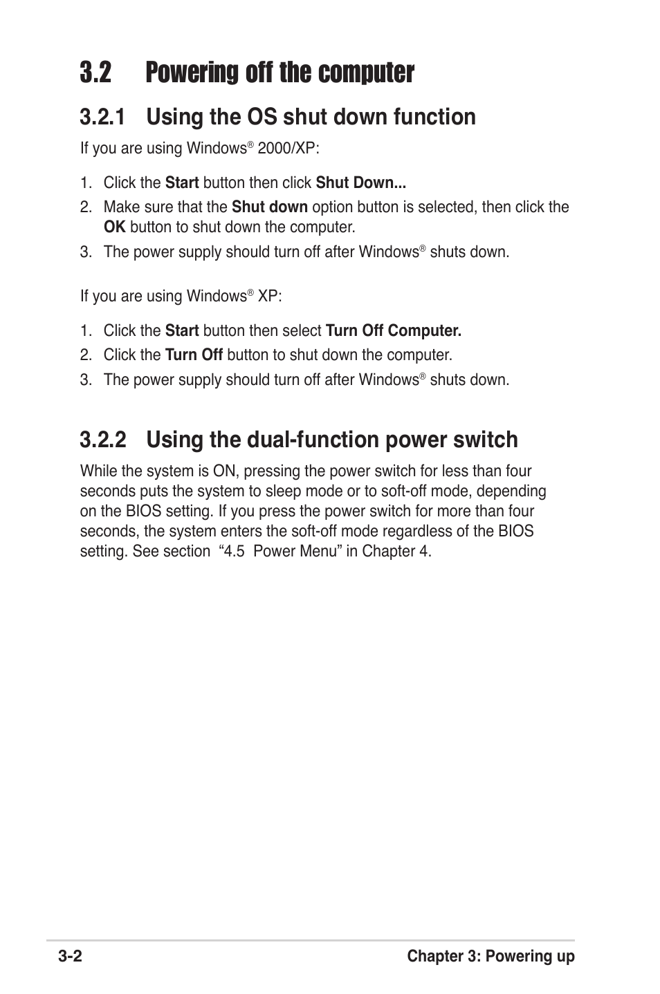 2 powering off the computer, 1 using the os shut down function, 2 using the dual-function power switch | Asus M2V User Manual | Page 55 / 117