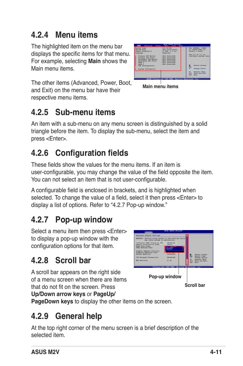 4 menu items, 5 sub-menu items, 6 configuration fields | 7 pop-up window, 8 scroll bar, 9 general help, Asus m2v 4-11, Main menu items scroll bar, Pop-up window | Asus M2V User Manual | Page 68 / 117