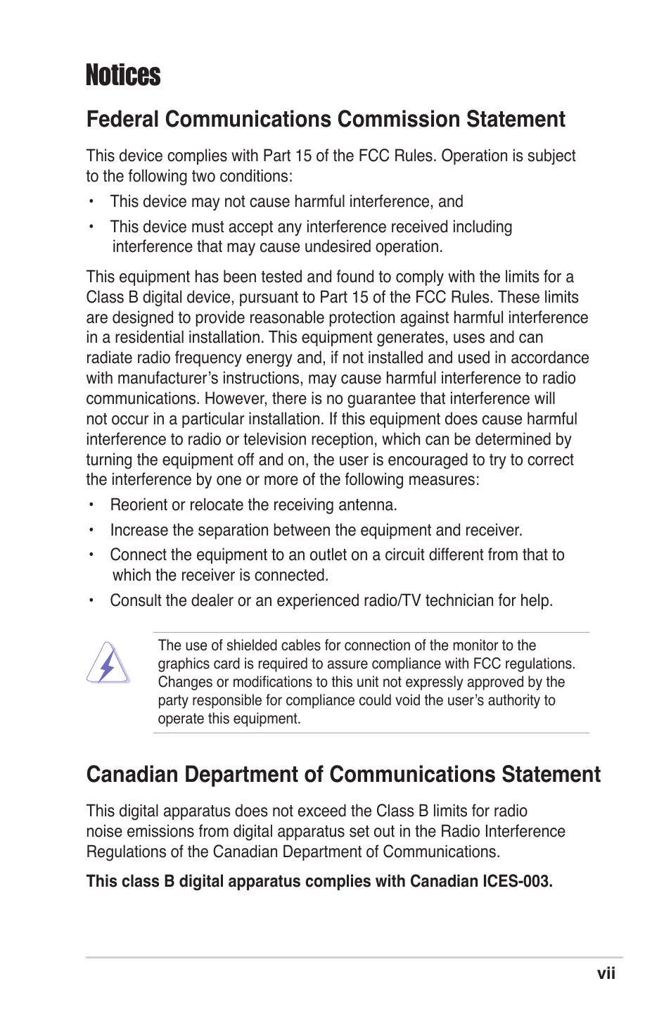 Notices, Federal communications commission statement, Canadian department of communications statement | Asus M2V User Manual | Page 7 / 117