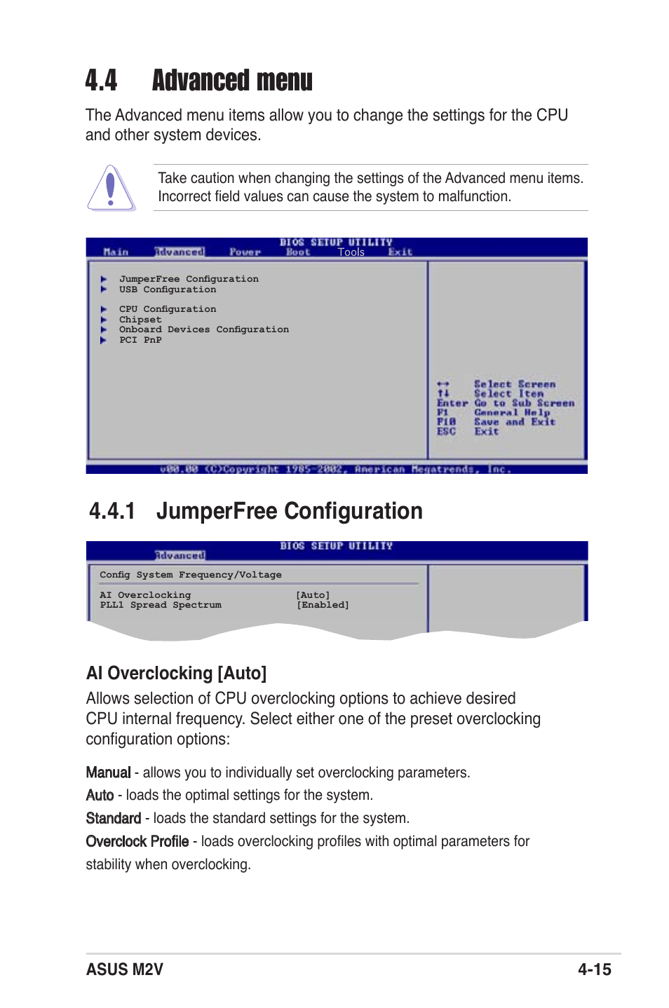 4 advanced menu, 1 jumperfree configuration, Ai overclocking [auto | Asus m2v 4-15 | Asus M2V User Manual | Page 72 / 117