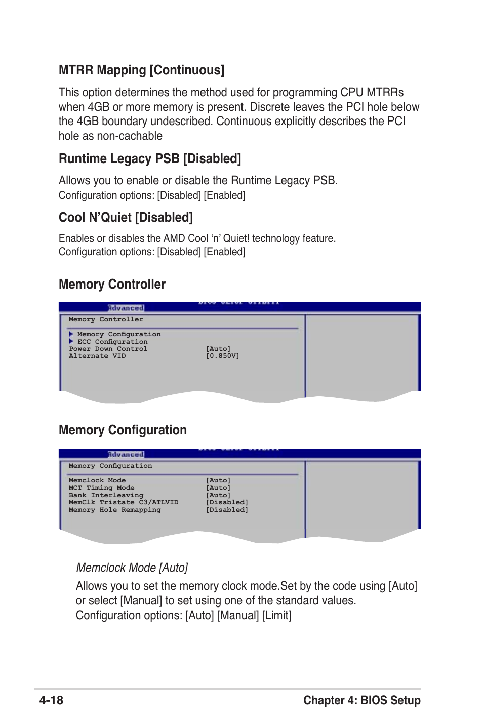 Mtrr mapping [continuous, Runtime legacy psb [disabled, Cool n’quiet [disabled | 18 chapter 4: bios setup | Asus M2V User Manual | Page 75 / 117