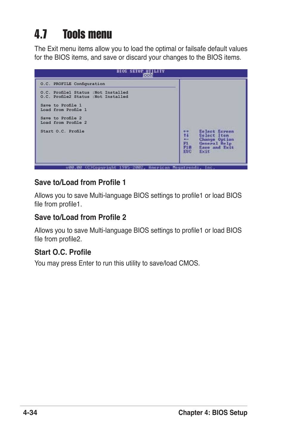 7 tools menu, Save to/load from profile 1, Save to/load from profile 2 | Start o.c. profile, 34 chapter 4: bios setup | Asus M2V User Manual | Page 91 / 117