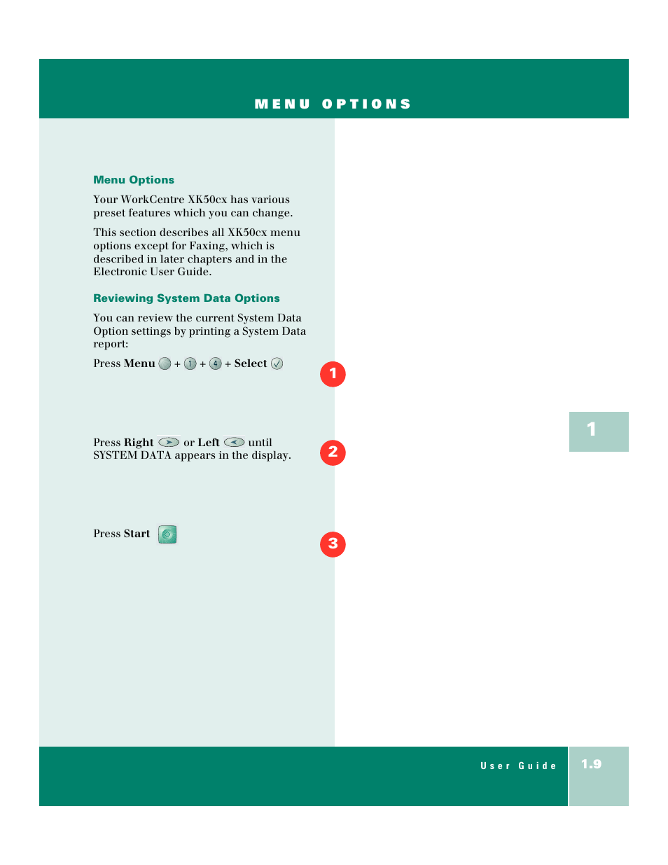 Menu options, Reviewing system data options | Xerox WorkCentre XK50cx-9578 User Manual | Page 17 / 90