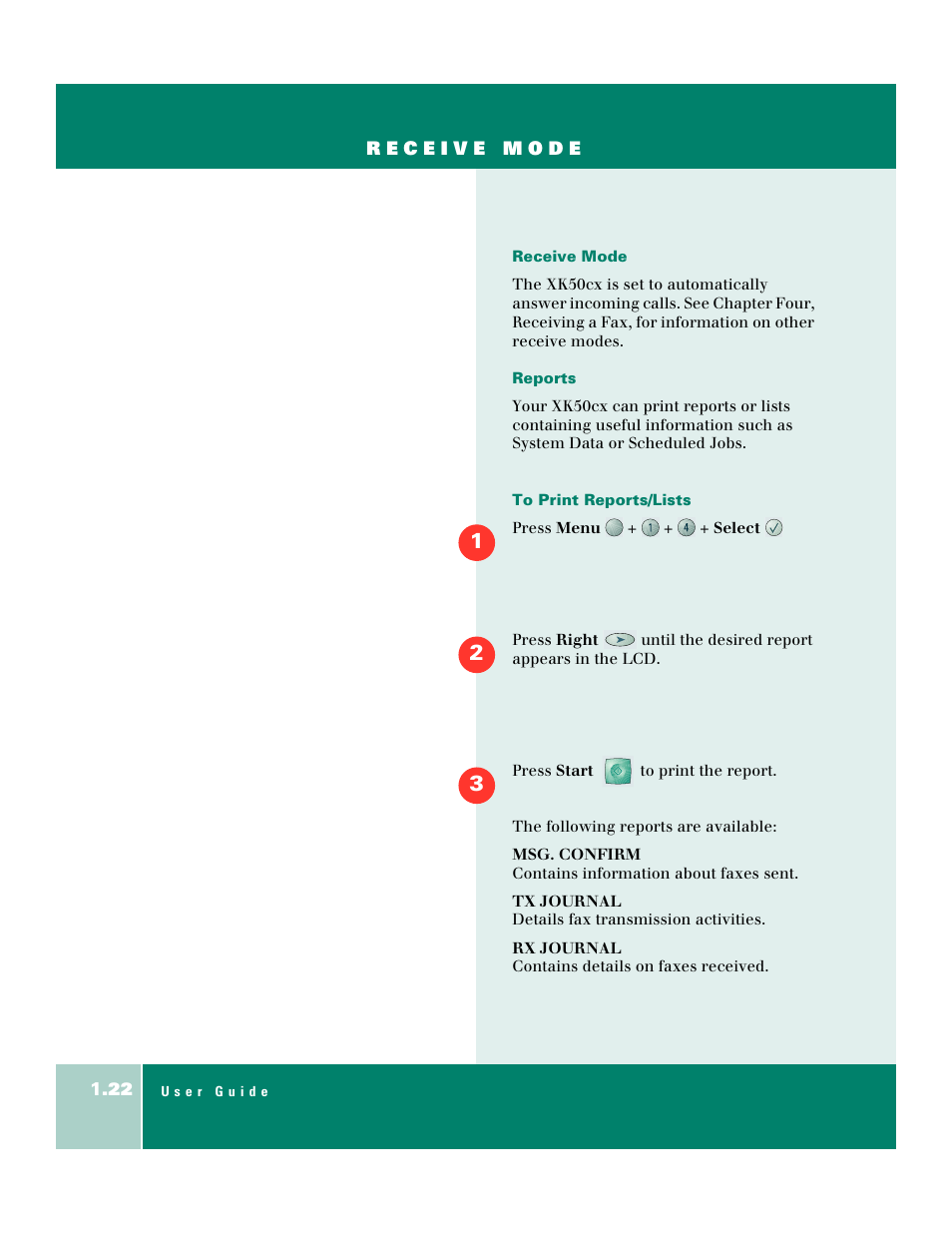 Receive mode, Reports 1-22 | Xerox WorkCentre XK50cx-9578 User Manual | Page 30 / 90