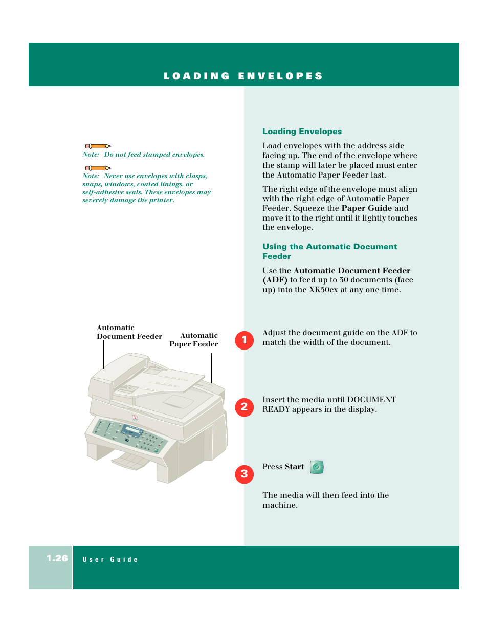 Loading envelopes, Using the automatic document feeder 1-26 | Xerox WorkCentre XK50cx-9578 User Manual | Page 34 / 90