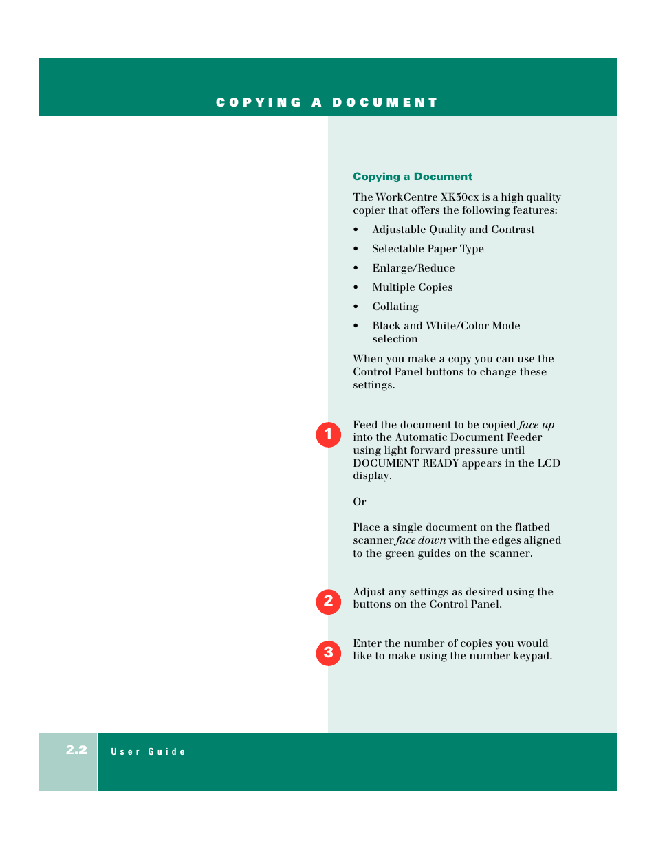 Copying a document | Xerox WorkCentre XK50cx-9578 User Manual | Page 42 / 90