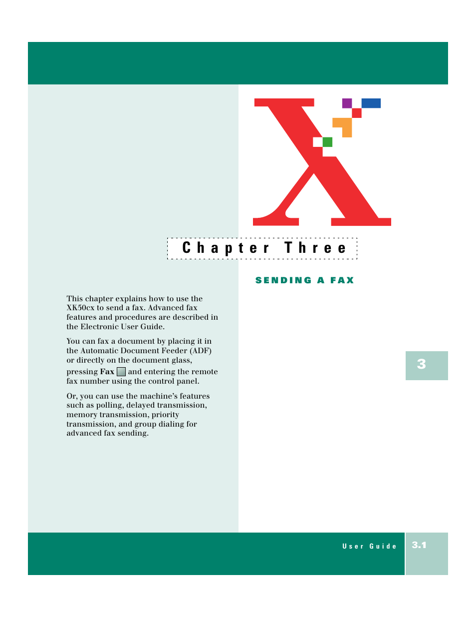 Chapter three, Sending a fax | Xerox WorkCentre XK50cx-9578 User Manual | Page 47 / 90