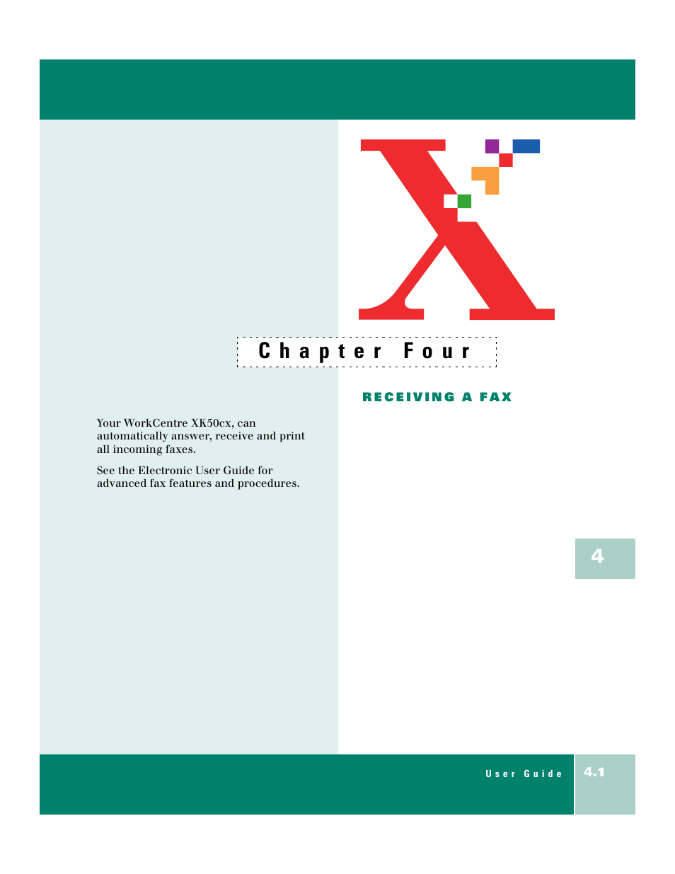 Chapter four, Receiving a fax | Xerox WorkCentre XK50cx-9578 User Manual | Page 55 / 90