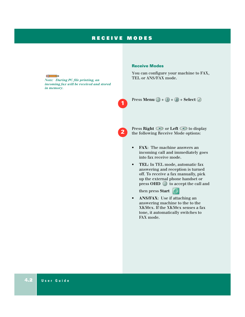 Receive modes | Xerox WorkCentre XK50cx-9578 User Manual | Page 56 / 90