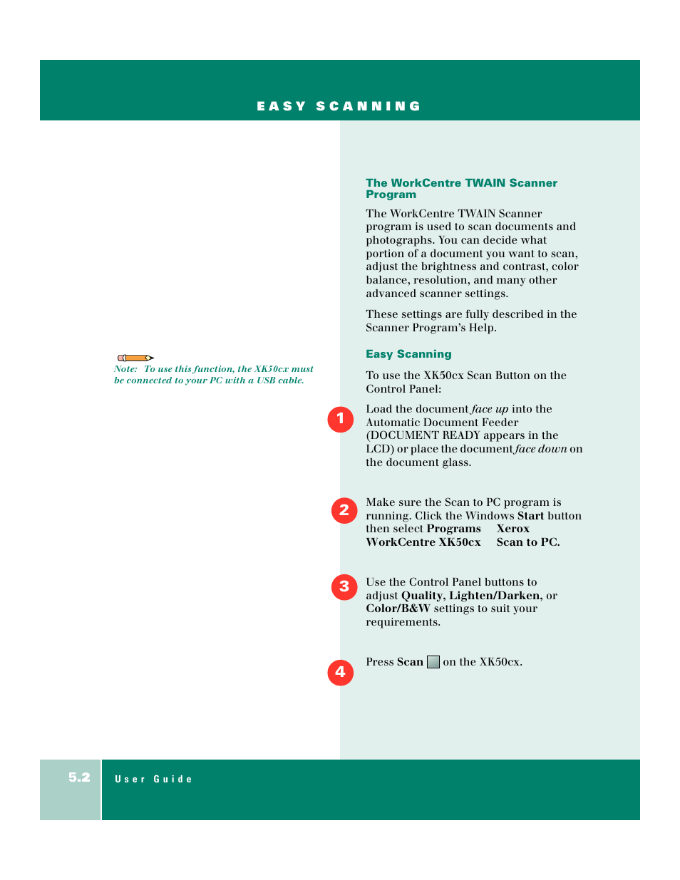 The workcentre twain scanner program, Easy scanning | Xerox WorkCentre XK50cx-9578 User Manual | Page 62 / 90