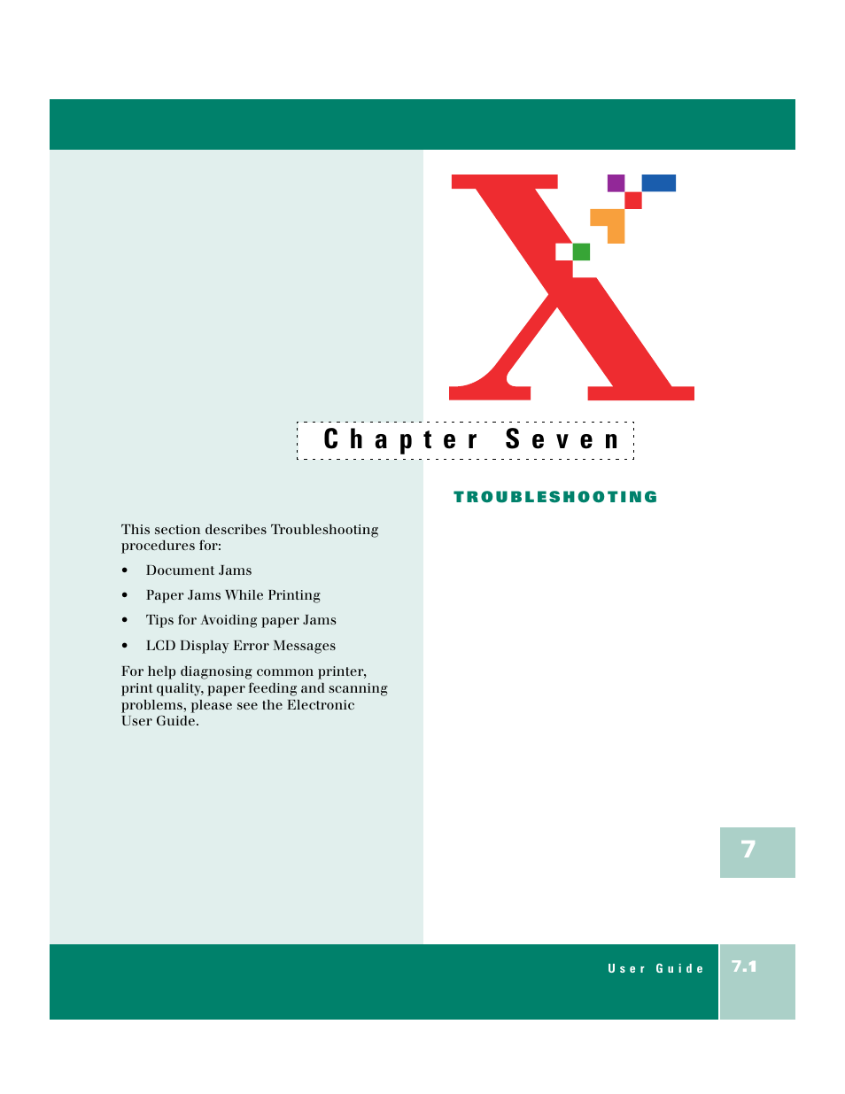 Chapter seven, Troubleshooting 7-1 | Xerox WorkCentre XK50cx-9578 User Manual | Page 77 / 90