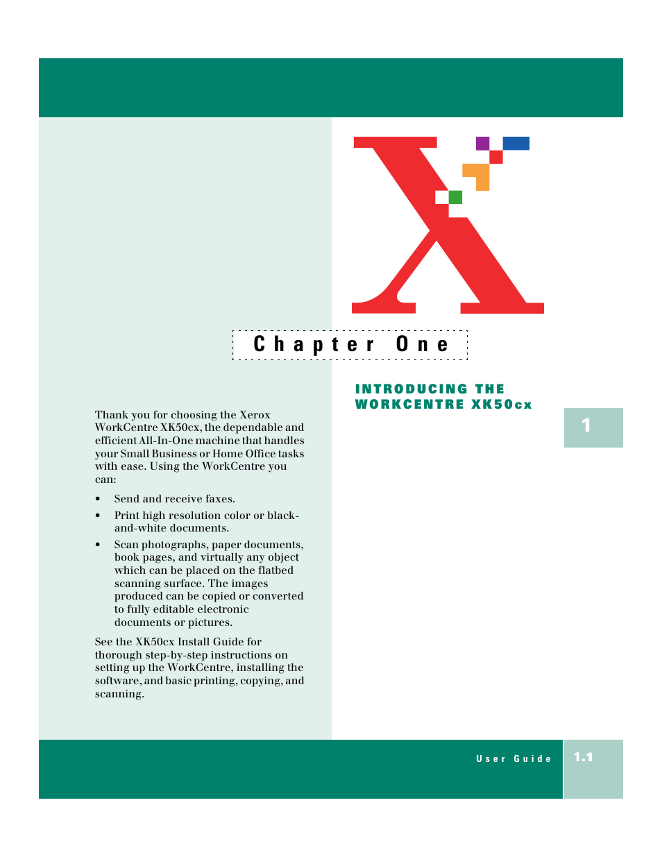 Chapter one, Introducing the, Workcentre xk50cx | Xerox WorkCentre XK50cx-9578 User Manual | Page 9 / 90