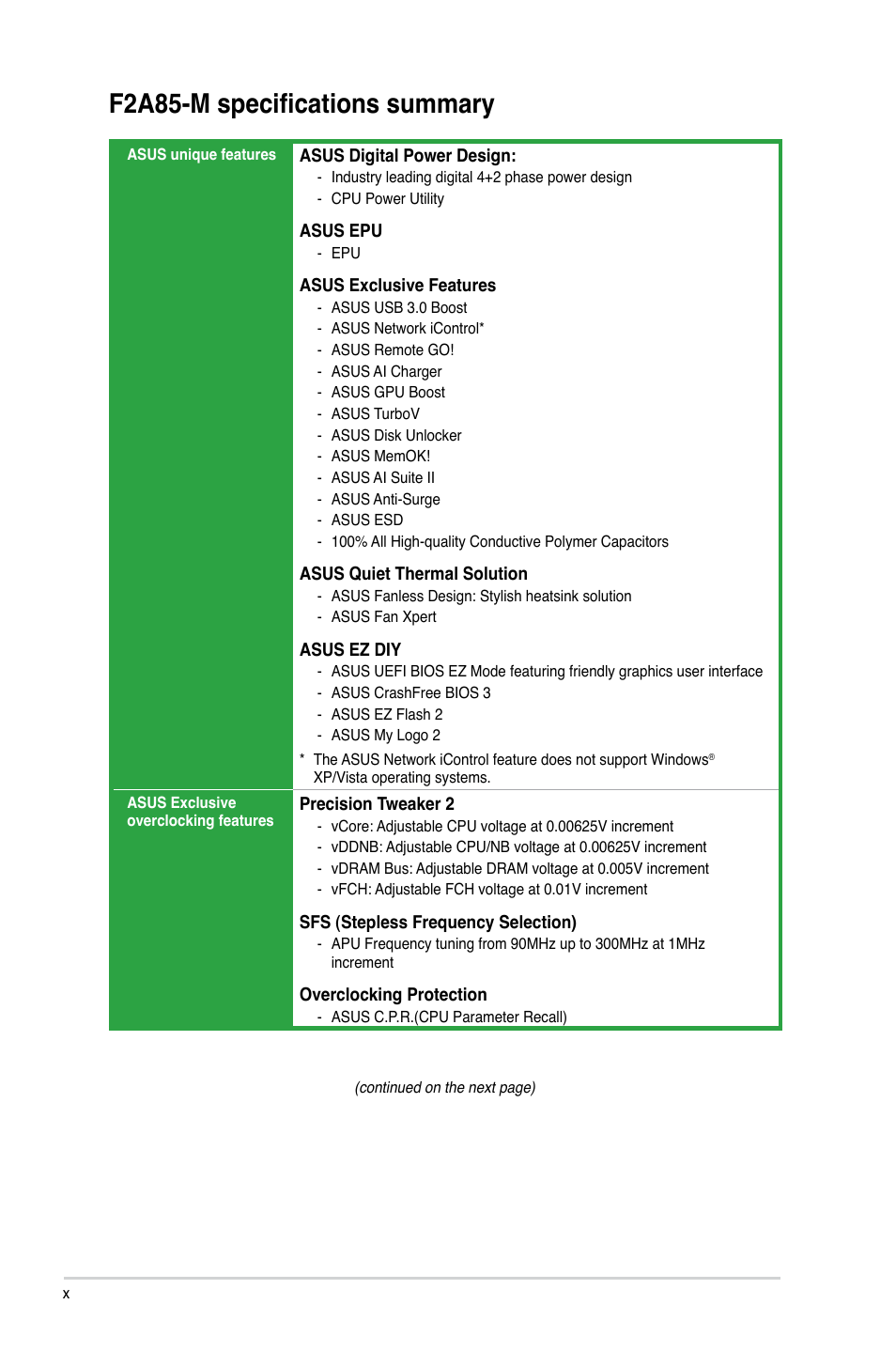 F2a85-m specifications summary | Asus Motherboard F2A85-M User Manual | Page 10 / 86