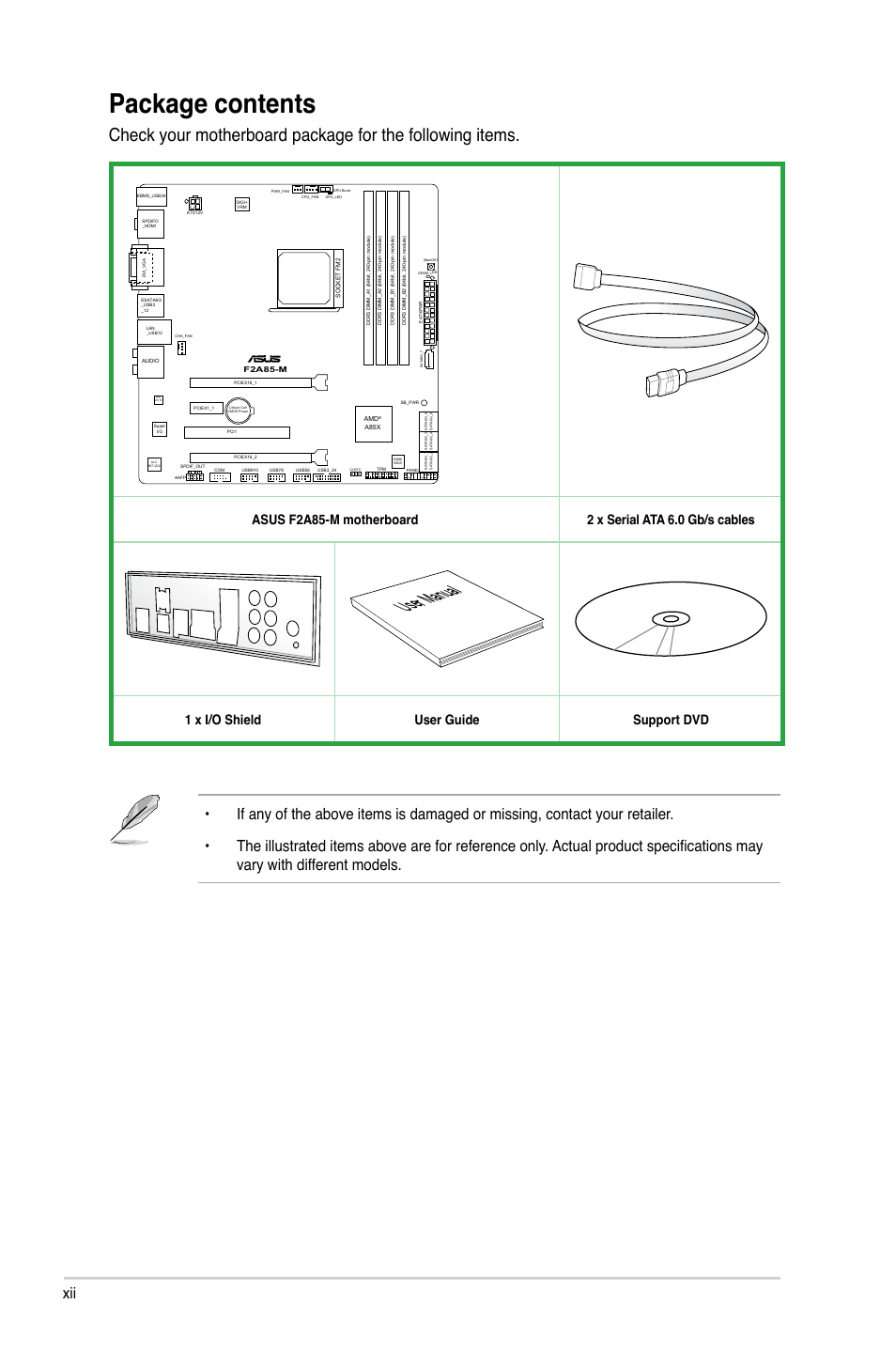 Package contents, User manual, 1 x i/o shield user guide support dvd | Asus Motherboard F2A85-M User Manual | Page 12 / 86