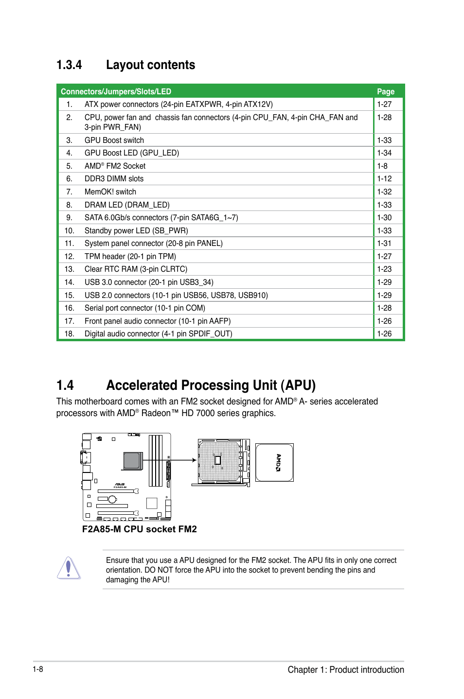 4 layout contents, 4 accelerated processing unit (apu), Layout contents -8 | Accelerated processing unit (apu) -8 | Asus Motherboard F2A85-M User Manual | Page 20 / 86