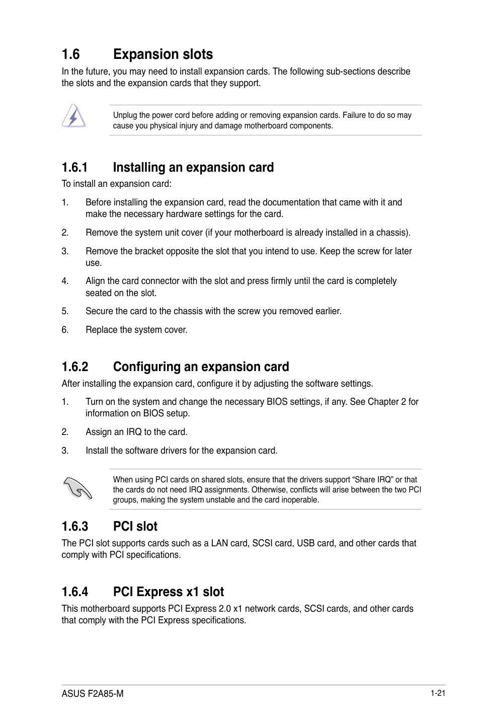 6 expansion slots, 1 installing an expansion card, 2 configuring an expansion card | 3 pci slot, 4 pci express x1 slot, Expansion slots -21 1.6.1, Installing an expansion card -21, Configuring an expansion card -21, Pci slot -21, Pci express x1 slot -21 | Asus Motherboard F2A85-M User Manual | Page 33 / 86