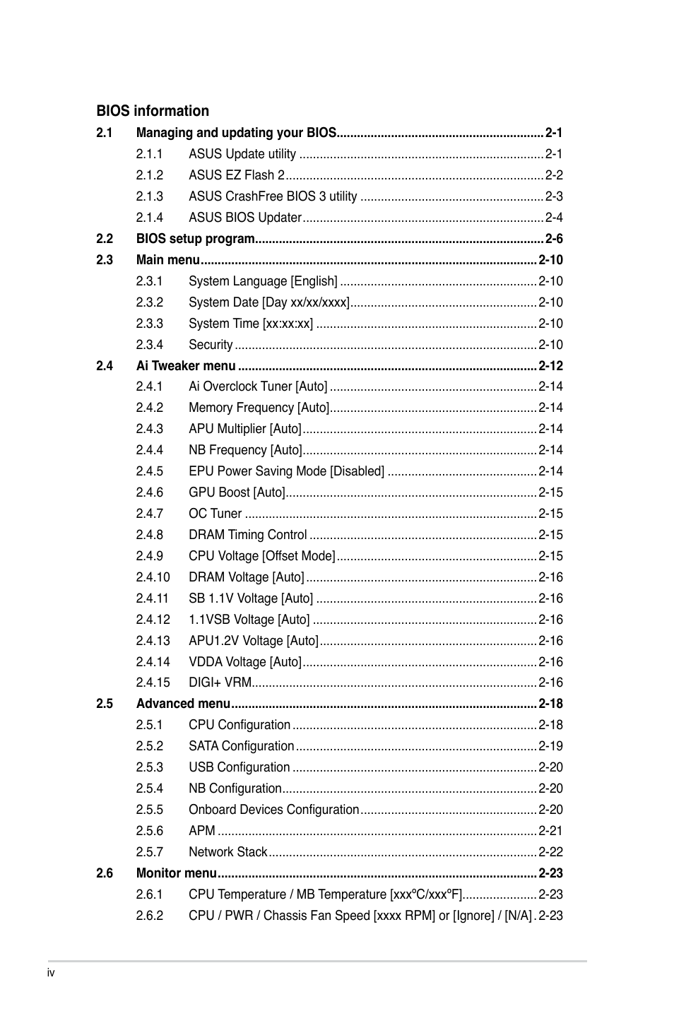 Asus Motherboard F2A85-M User Manual | Page 4 / 86