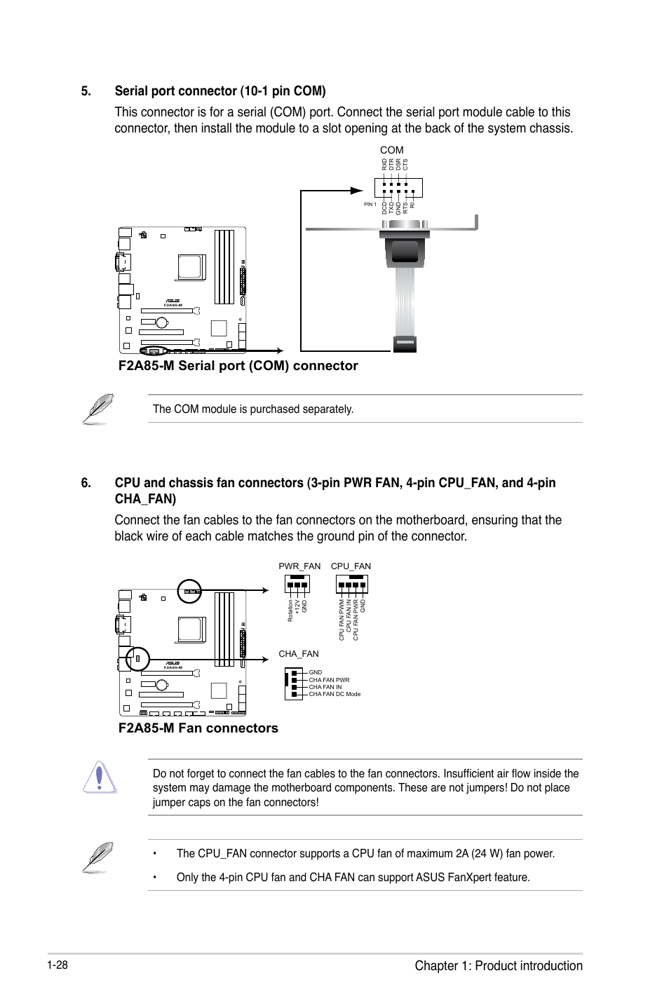 Chapter 1: product introduction, F2a85-m serial port (com) connector, F2a85-m fan connectors | The com module is purchased separately | Asus Motherboard F2A85-M User Manual | Page 40 / 86