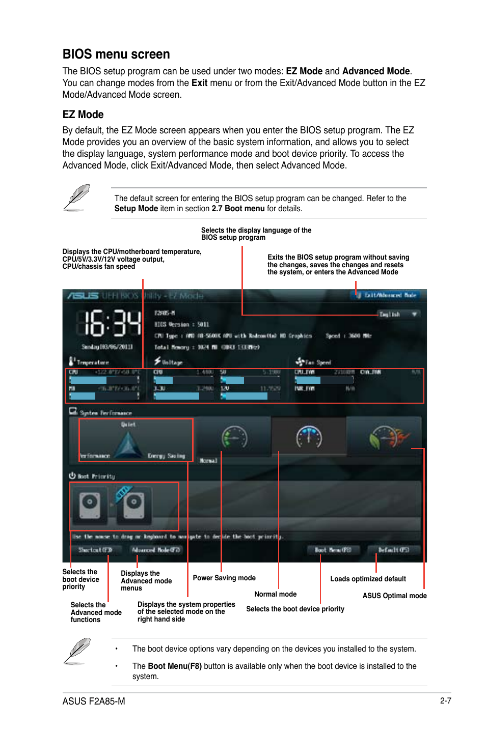 Bios menu screen, Ez mode | Asus Motherboard F2A85-M User Manual | Page 55 / 86