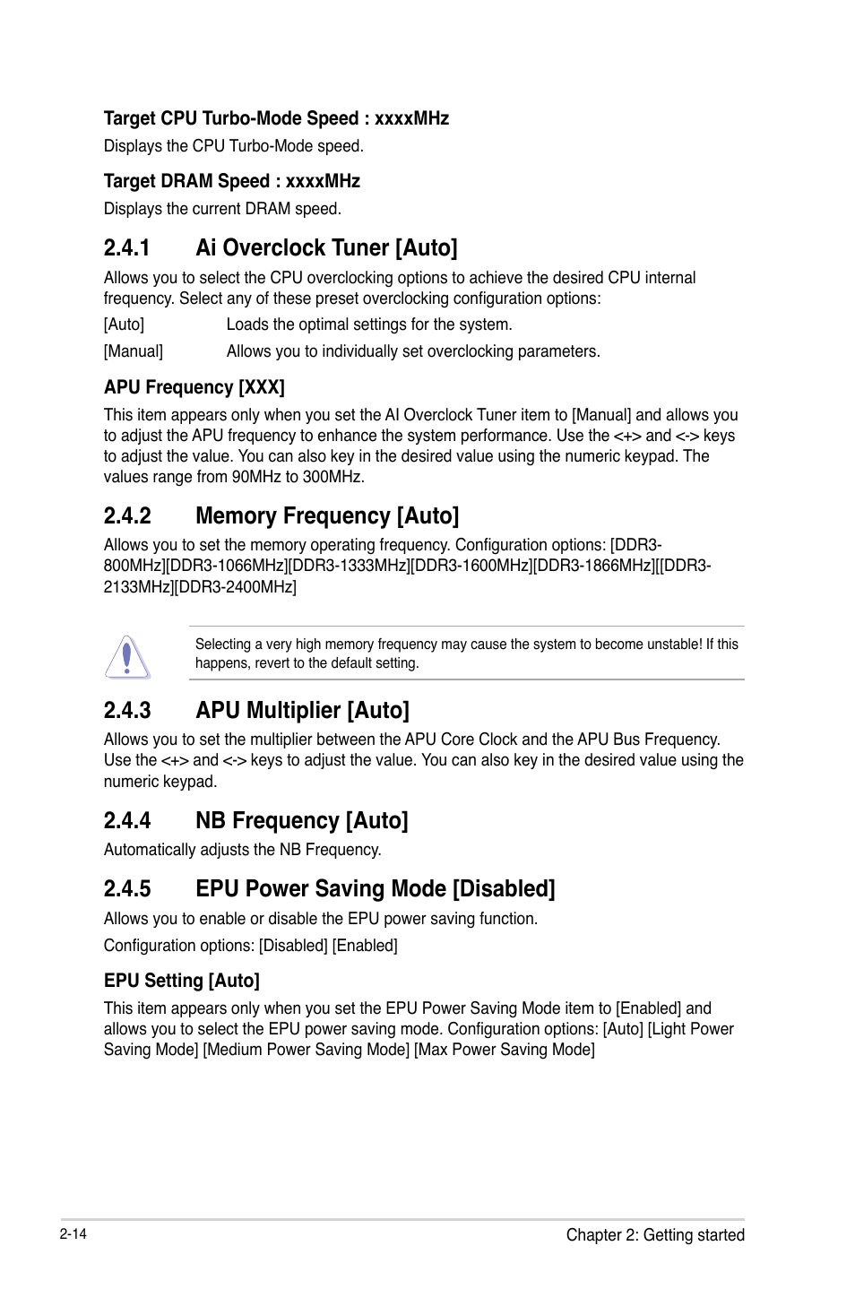 1 ai overclock tuner [auto, 2 memory frequency [auto, 3 apu multiplier [auto | 4 nb frequency [auto, 5 epu power saving mode [disabled, Ai overclock tuner [auto] -14, Memory frequency [auto] -14, Apu multiplier [auto] -14, Nb frequency [auto] -14, Epu power saving mode [disabled] -14 | Asus Motherboard F2A85-M User Manual | Page 62 / 86