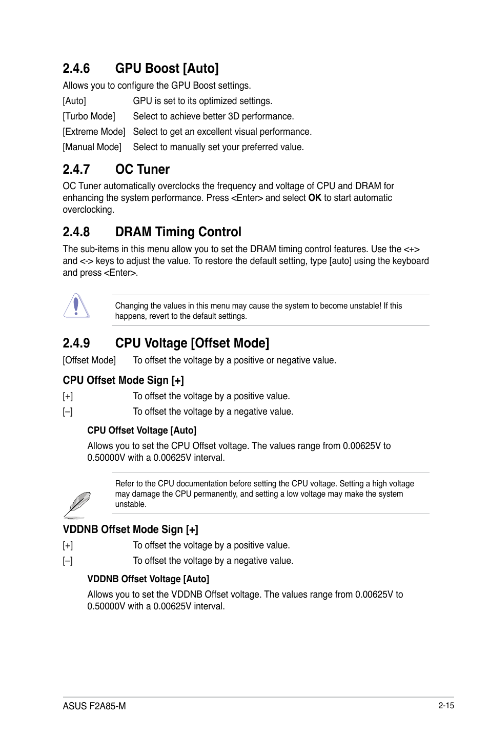 6 gpu boost [auto, 7 oc tuner, 8 dram timing control | 9 cpu voltage [offset mode, Gpu boost [auto] -15, Oc tuner -15, Dram timing control -15, Cpu voltage [offset mode] -15 | Asus Motherboard F2A85-M User Manual | Page 63 / 86