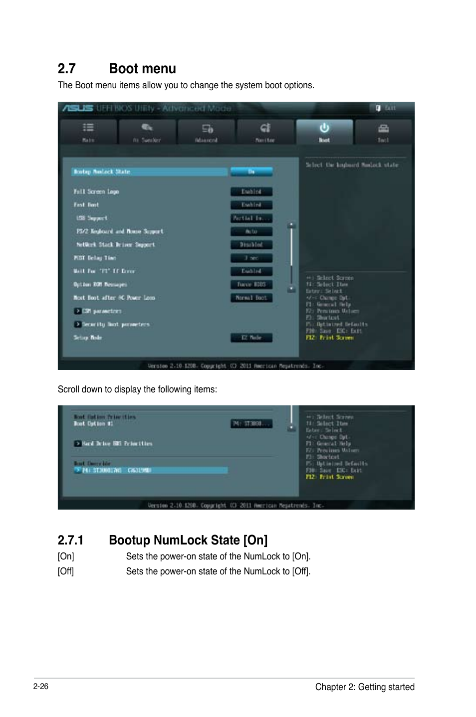 7 boot menu, 1 bootup numlock state [on, Boot menu -26 2.7.1 | Bootup numlock state [on] -26 | Asus Motherboard F2A85-M User Manual | Page 74 / 86
