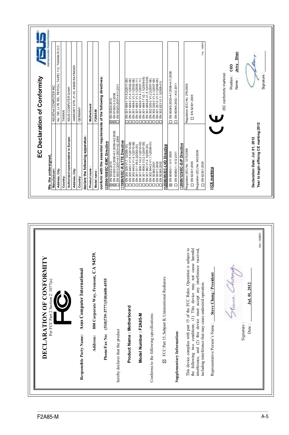 Declaration of conformity, F2a85-m, Ec declaration of conformity | Asu s c om pu te r in te rn at io na l | Asus Motherboard F2A85-M User Manual | Page 85 / 86