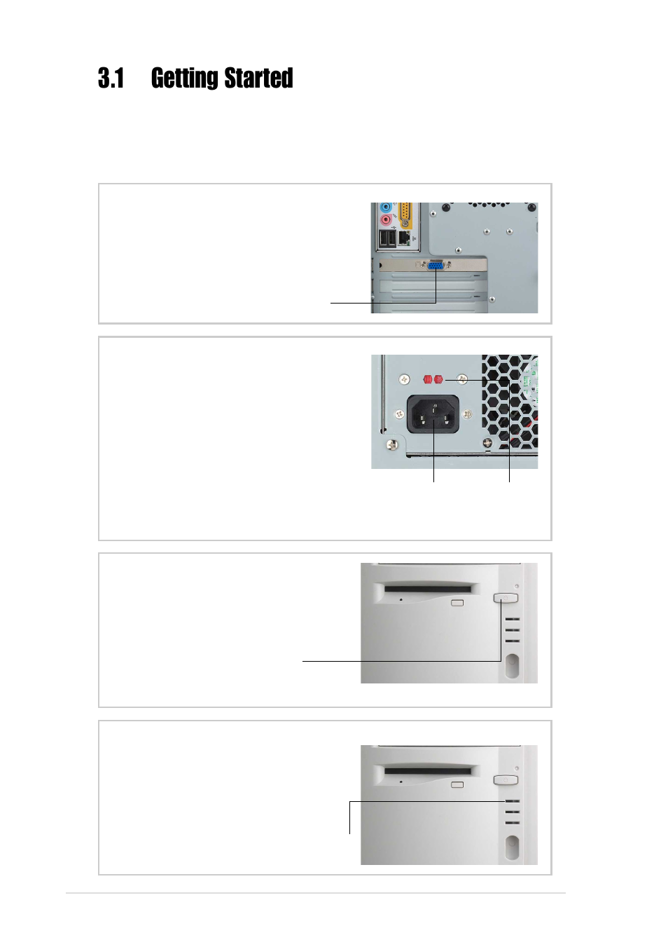 1 getting started, Connect a monitor, Connect the power cord | Power on, Check power status | Asus AP130 User Manual | Page 32 / 40