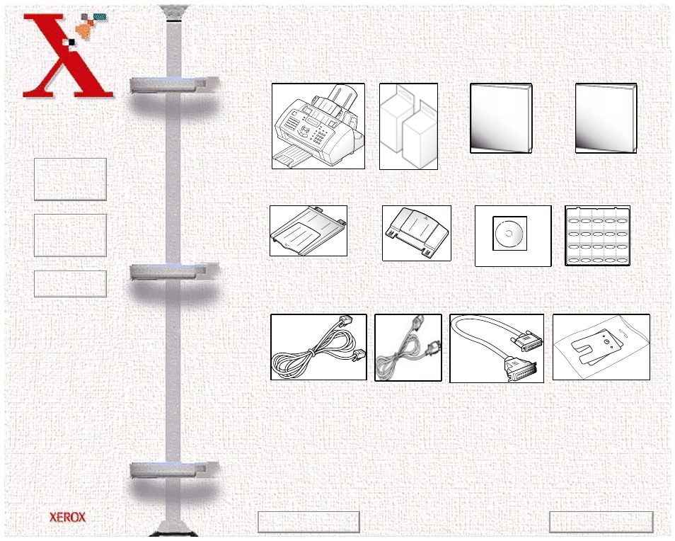 Set up your machine, Unpacking, 2 appearance may vary according to country | Book toc chapter toc search, Cd-rom, Replacement adf rubber pads telephone line cord, Document exit tray power cord, Document input tray one-touch label workcentre | Xerox WorkCentre 470cx-9904 User Manual | Page 8 / 328