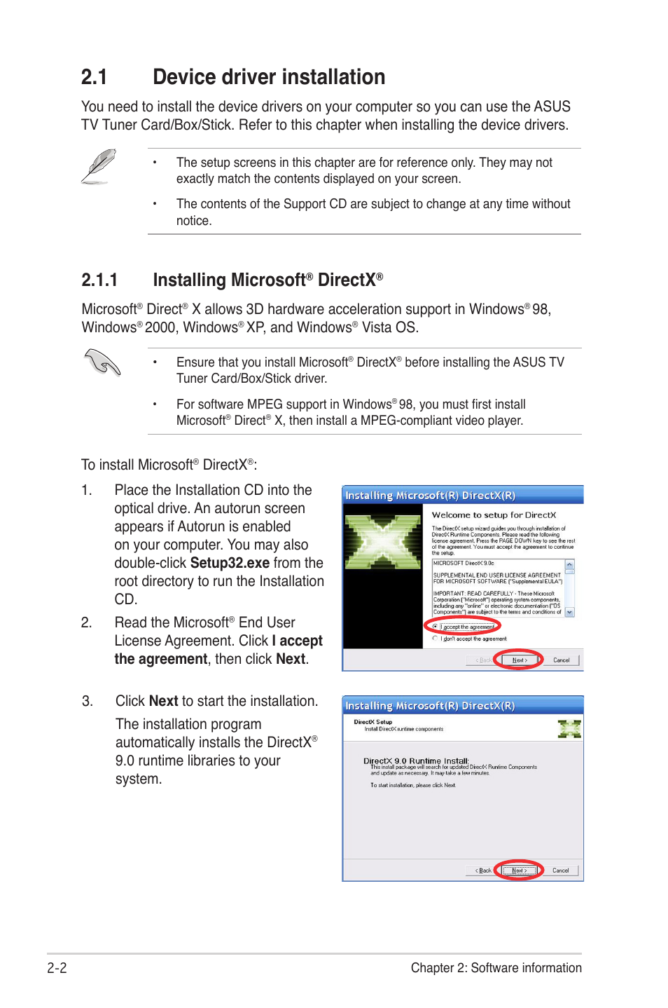 1 device driver installation, 1 installing microsoft® directx, Device driver installation -2 2.1.1 | Installing microsoft® directx® -2, 1 installing microsoft, Directx | Asus MY CINEMA SERIES E4516 User Manual | Page 16 / 43