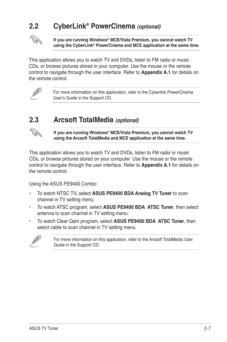 2 cyberlink® powercinema (optional), 3 arcsoft totalmedia (optional), Cyberlink® powercinema (optional) -7 | Arcsoft totalmedia (optional) -7, 2 cyberlink, Powercinema, 3 arcsoft totalmedia | Asus MY CINEMA SERIES E4516 User Manual | Page 21 / 43