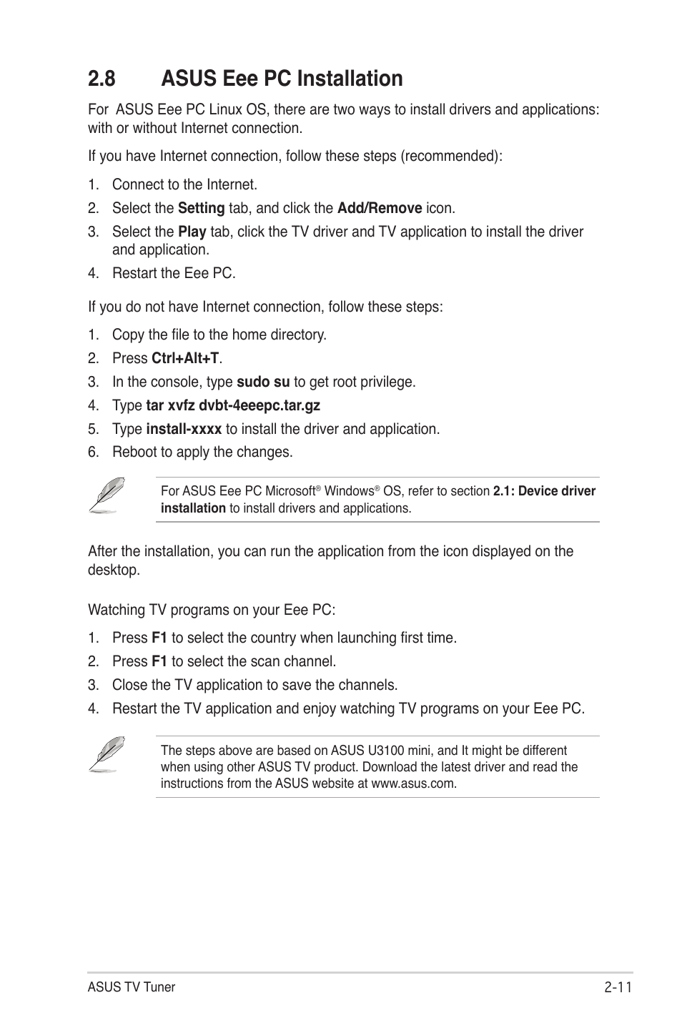 8 asus eee pc installation, Asus eee pc installation -11 | Asus MY CINEMA SERIES E4516 User Manual | Page 25 / 43