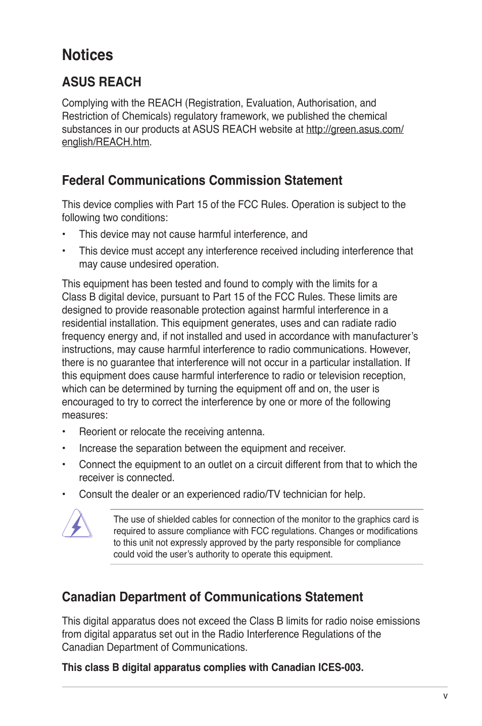 Notices, Asus reach, Canadian department of communications statement | Federal communications commission statement | Asus MY CINEMA SERIES E4516 User Manual | Page 5 / 43