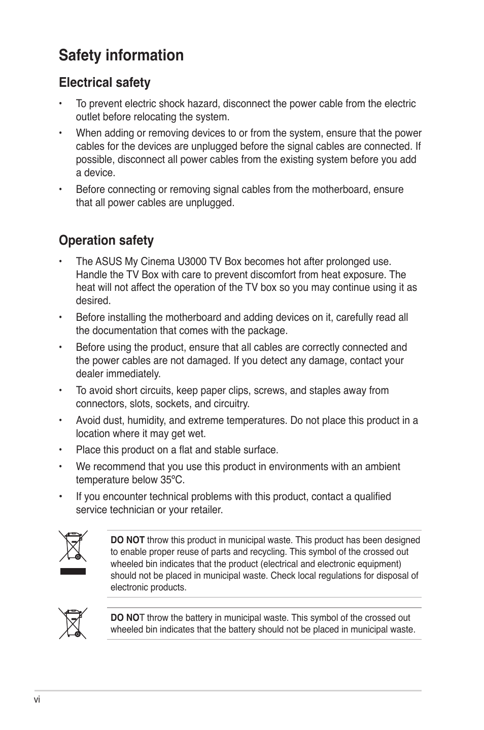 Safety information, Electrical safety, Operation safety | Asus MY CINEMA SERIES E4516 User Manual | Page 6 / 43