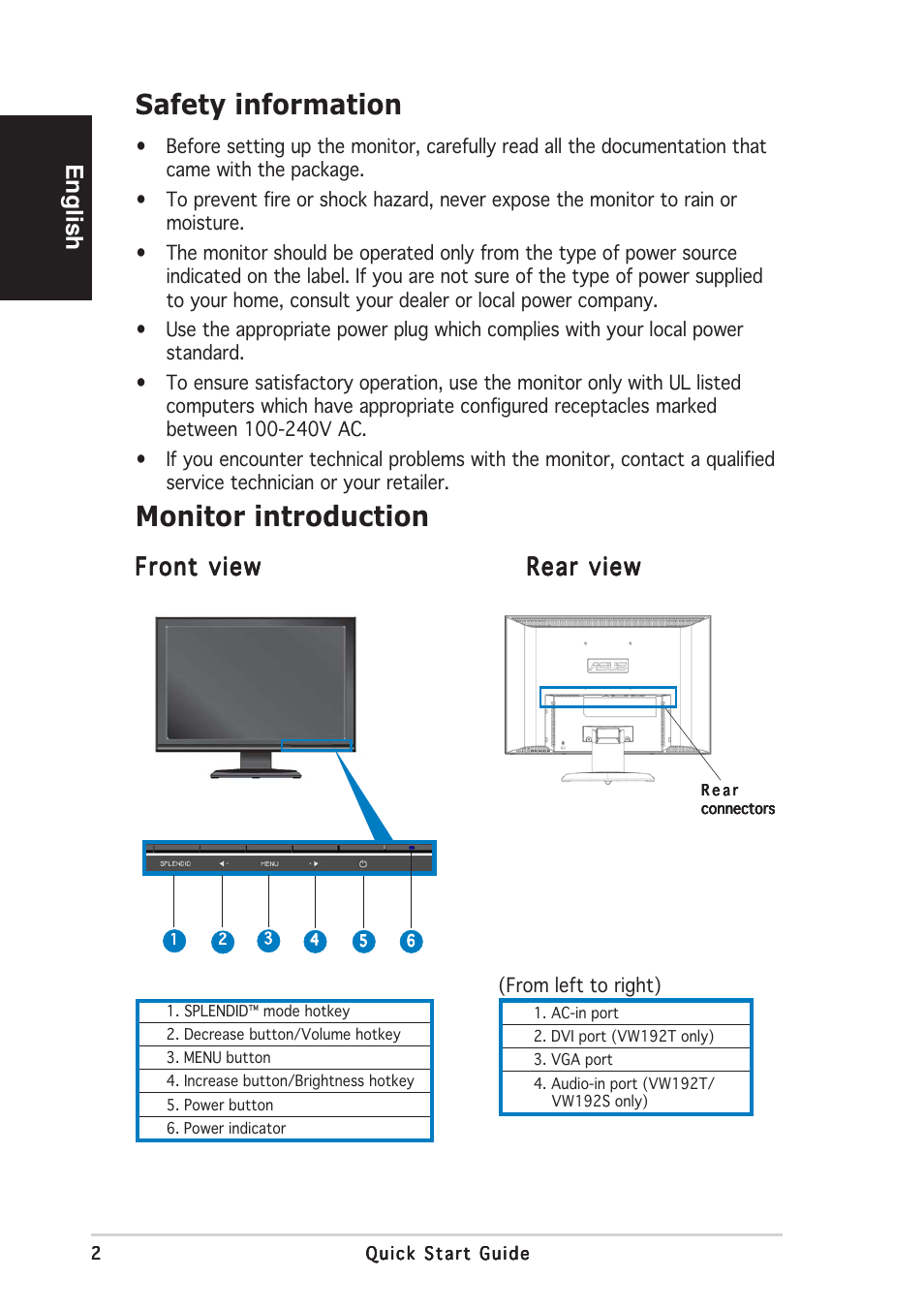Safety information, Monitor introduction, English | Front view | Asus VW192C Series User Manual | Page 2 / 4